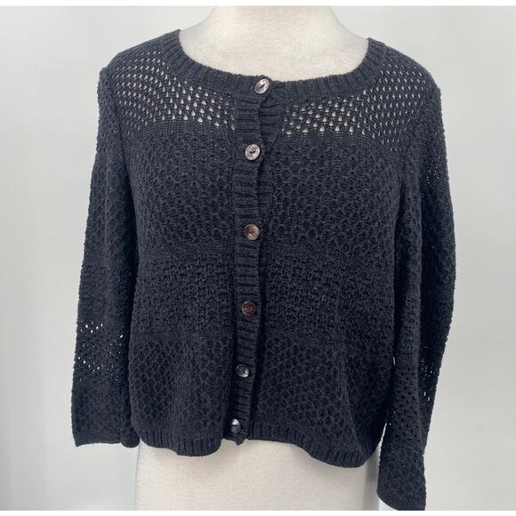 Peruvian Connection Pima Cotton Cardigan Sweater Cropped Open Knit Black Medium - Picture 3 of 12